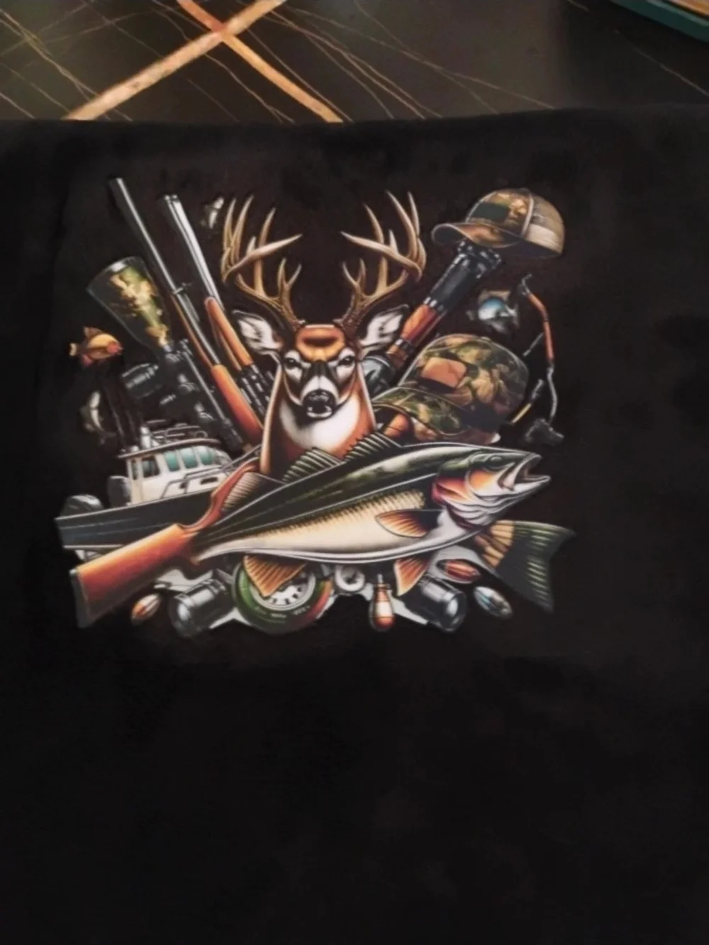 Black Men’s Fleece Throw with Hunting & Fish Artwork